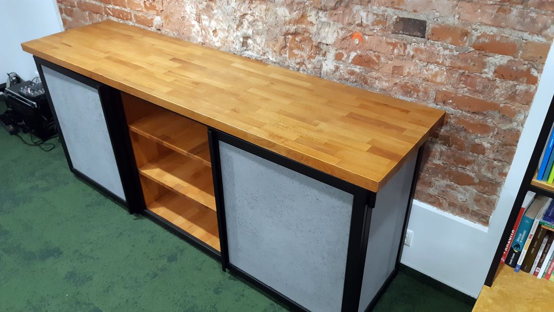 Industrial Chest of Drawers in loft style with wooden worktop and walls made of glass-fibre-reinforced structural concrete