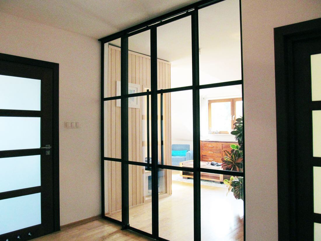 Drzwi loftowe przesuwne do mieszkania - Warszawa metalowe czarne ze szkłem bezpiecznym