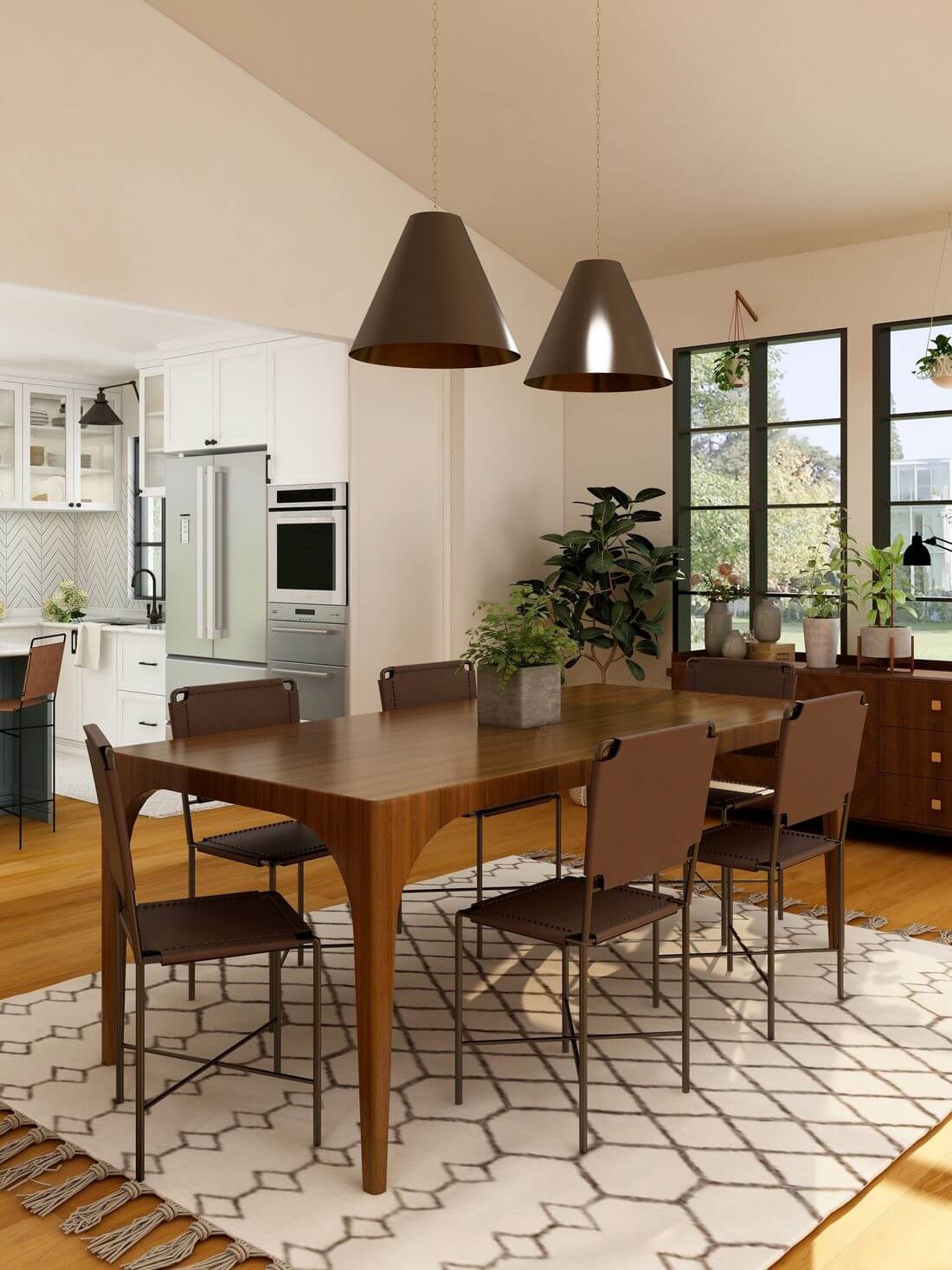 Industrialny drewniany brązowy stół w kuchni loftowej z brązowymi krzesłami oraz wiszącymi lampami