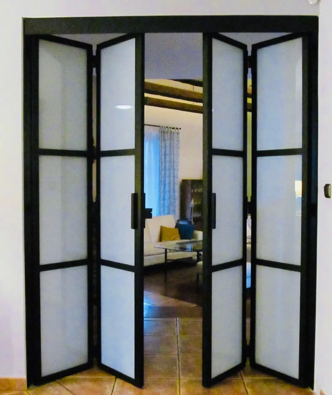 Складні металеві двері лофт з безпечним ламінованим молочним склом VSG 33.1 пофарбовані в чорний колір
